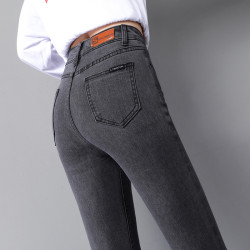 黑色牛仔褲女九分2025年春秋新款高腰大彈力加絨緊身顯瘦小腳長褲