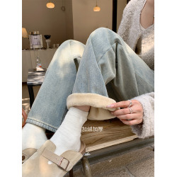 加絨加厚濶腿牛仔褲女冬季寬鬆直筒秋冬小個子2025新款加棉褲子女