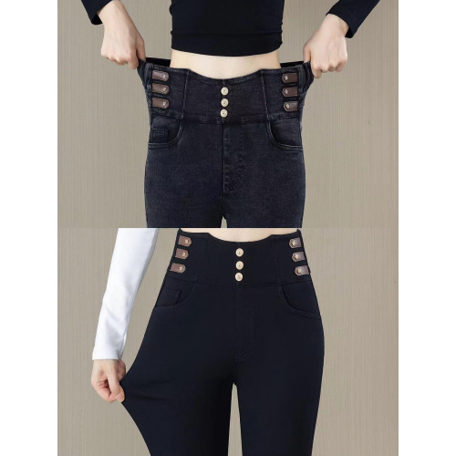 高腰微喇牛仔褲女2025秋冬季新款加絨松緊腰彈力修身馬蹄喇叭長褲