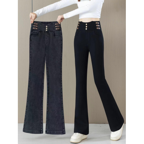 高腰微喇牛仔褲女2025秋冬季新款加絨松緊腰彈力修身馬蹄喇叭長褲