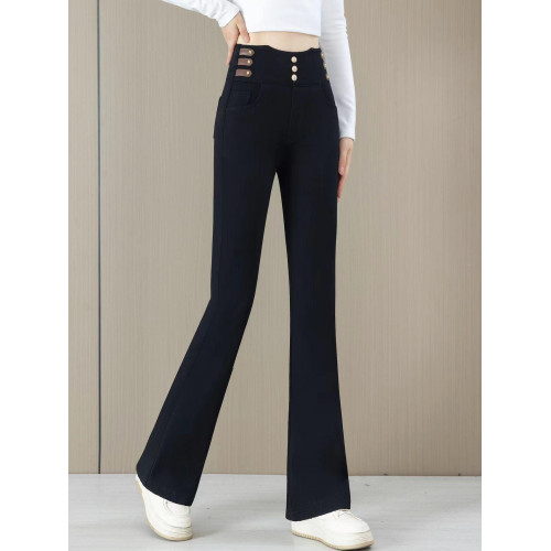 高腰微喇牛仔褲女2025秋冬季新款加絨松緊腰彈力修身馬蹄喇叭長褲