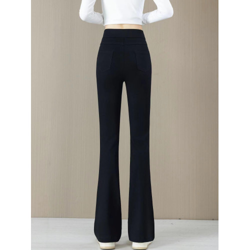 高腰微喇牛仔褲女2025秋冬季新款加絨松緊腰彈力修身馬蹄喇叭長褲