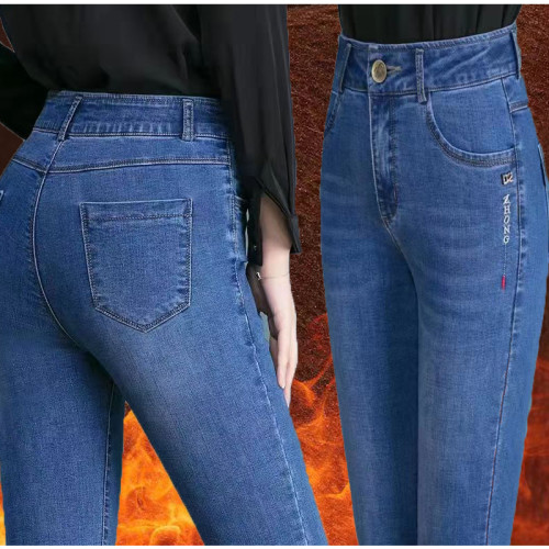 秋冬加絨牛仔褲女高腰彈力直筒寬鬆中年女士帶絨加厚保暖牛仔長褲