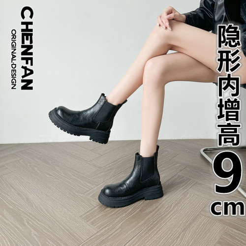 內增高加絨短靴真皮復古厚底菸筒靴女馬丁靴小個子短筒切爾西靴冬