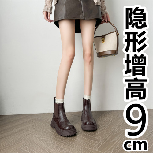 內增高加絨短靴真皮復古厚底菸筒靴女馬丁靴小個子短筒切爾西靴冬