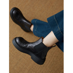 巨軟真皮圓頭切爾西短靴女2026新款英倫風復古及踝裸靴厚底馬丁靴