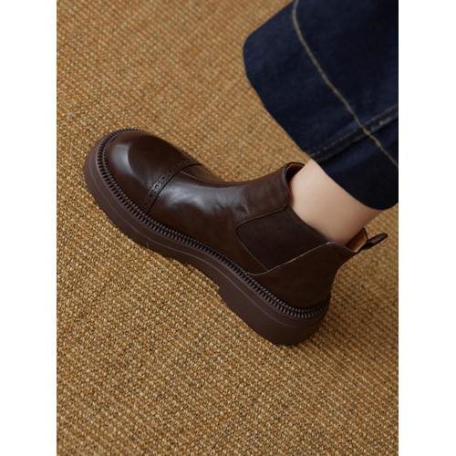 巨軟真皮圓頭切爾西短靴女2026新款英倫風復古及踝裸靴厚底馬丁靴