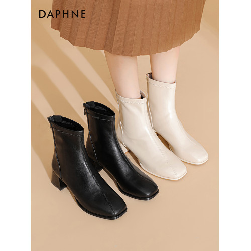 達芙妮高跟短靴女2026新款春秋粗跟方頭瘦瘦靴百搭通勤切爾西靴女