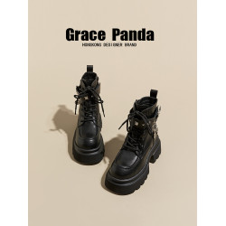 香港GP2025新款秋冬季真皮拼色英倫馬丁靴厚底內增高9CM機車靴女