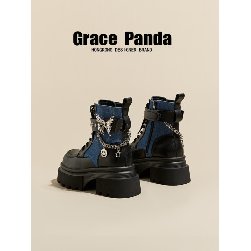 香港GP2025新款秋冬季真皮拼色英倫馬丁靴厚底內增高9CM機車靴女