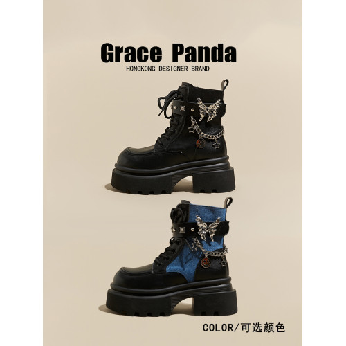 香港GP2025新款秋冬季真皮拼色英倫馬丁靴厚底內增高9CM機車靴女