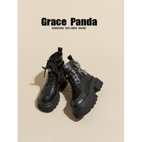 香港GP2025新款秋冬季真皮拼色英倫馬丁靴厚底內增高9CM機車靴女