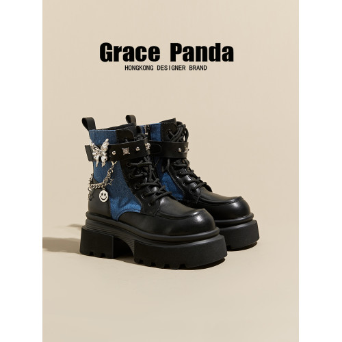 香港GP2025新款秋冬季真皮拼色英倫馬丁靴厚底內增高9CM機車靴女