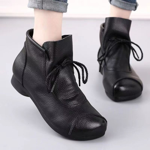 真皮原創復古手工縫製春秋靴子高幫短靴低跟軟底單靴女靴馬丁靴子