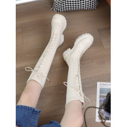 長筒靴女2025秋冬季新款顯瘦綁帶馬丁靴不過膝皮靴厚底高筒騎士靴