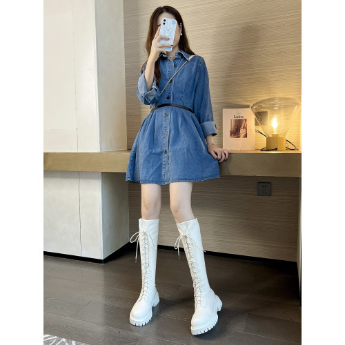 長筒靴女2026春秋季新款顯瘦綁帶馬丁靴不過膝皮靴厚底高筒騎士靴 長筒靴女2026春秋季新款顯瘦綁帶馬丁靴不過膝皮靴厚底高筒騎士靴