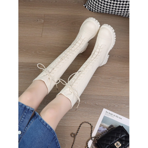 長筒靴女2026春秋季新款顯瘦綁帶馬丁靴不過膝皮靴厚底高筒騎士靴 長筒靴女2026春秋季新款顯瘦綁帶馬丁靴不過膝皮靴厚底高筒騎士靴