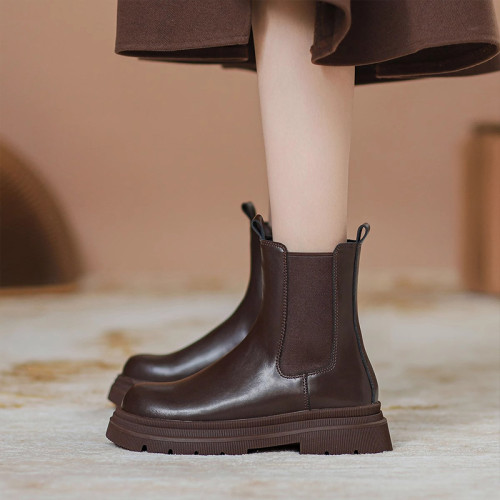 棕色切爾西短靴女2026新款秋冬菸筒靴英倫風厚底馬丁靴加絨瘦瘦靴