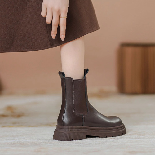 棕色切爾西短靴女2026新款秋冬菸筒靴英倫風厚底馬丁靴加絨瘦瘦靴