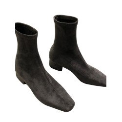 低跟短靴女粗跟2025新款秋冬加絨方頭絨面襪靴中跟套筒彈力瘦瘦靴