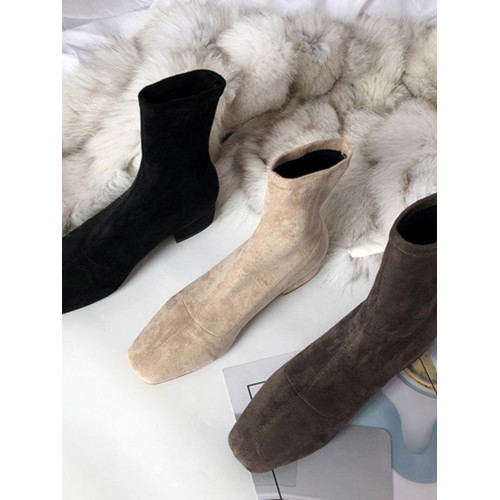 低跟短靴女粗跟2025新款秋冬加絨方頭絨面襪靴中跟套筒彈力瘦瘦靴 低跟短靴女粗跟2025新款秋冬加絨方頭絨面襪靴中跟套筒彈力瘦瘦靴