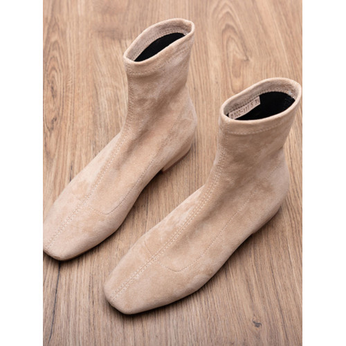 低跟短靴女粗跟2025新款秋冬加絨方頭絨面襪靴中跟套筒彈力瘦瘦靴 低跟短靴女粗跟2025新款秋冬加絨方頭絨面襪靴中跟套筒彈力瘦瘦靴