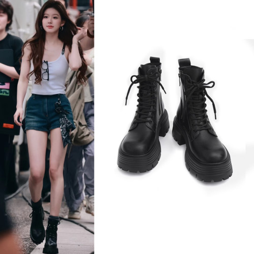 日本GP趙露思馬丁靴女秋冬季單靴厚底增高英倫風瘦瘦靴短靴系帶靴