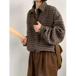 格子襯衫男長袖春秋季vintage美式復古休閒寬鬆百搭繙領襯衣外套