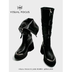 Visual focus 鉚釘重金屬高筒靴女y2k港潮龐克松糕厚底長筒時裝靴