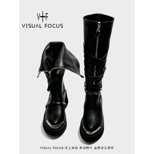 Visual focus 鉚釘重金屬高筒靴女y2k港潮龐克松糕厚底長筒時裝靴