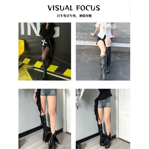 Visual focus 鉚釘重金屬高筒靴女y2k港潮龐克松糕厚底長筒時裝靴