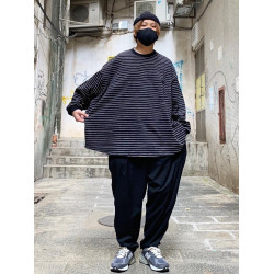 SFC廓形手繪條紋長袖T恤男日系復古寬鬆上衣重磅純棉打底春秋衛衣