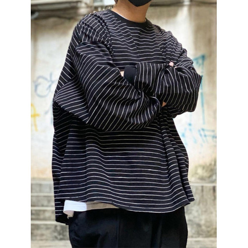 SFC廓形手繪條紋長袖T恤男日系復古寬鬆上衣重磅純棉打底春秋衛衣