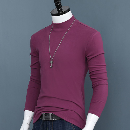 男士雙面德絨中半高領打底衫秋冬季純色修身保暖長袖t恤簡約秋衣