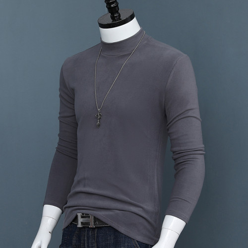 男士雙面德絨中半高領打底衫秋冬季純色修身保暖長袖t恤簡約秋衣