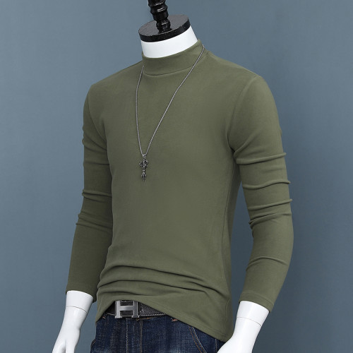 男士雙面德絨中半高領打底衫秋冬季純色修身保暖長袖t恤簡約秋衣