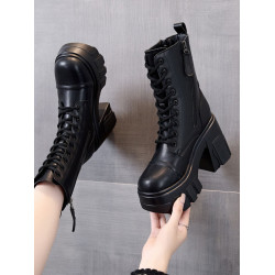 真皮高跟馬丁靴女秋季時尚松糕顯瘦厚底短靴小個子增高系帶騎士靴