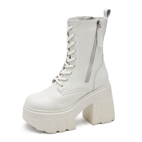 真皮高跟馬丁靴女秋季時尚松糕顯瘦厚底短靴小個子增高系帶騎士靴