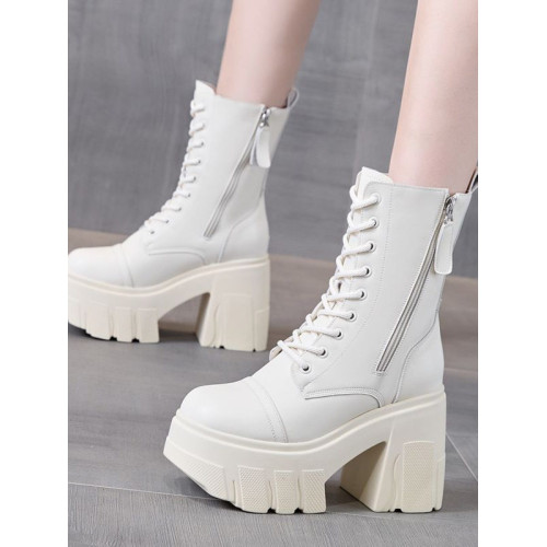 真皮高跟馬丁靴女秋季時尚松糕顯瘦厚底短靴小個子增高系帶騎士靴