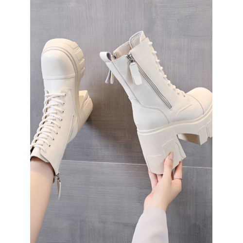 真皮高跟馬丁靴女秋季時尚松糕顯瘦厚底短靴小個子增高系帶騎士靴