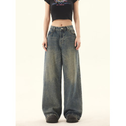 野生阿子美式復古水洗做舊寬鬆直筒牛仔褲男女夏季寬鬆濶腿休閒褲