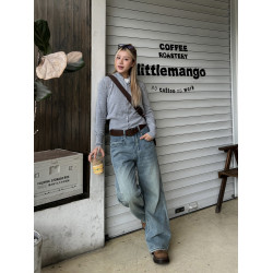 川川也原創美式水洗微喇叭做舊直筒工裝牛仔褲男女寬鬆刺綉休閒褲