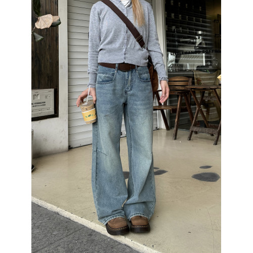 川川也原創美式水洗微喇叭做舊直筒工裝牛仔褲男女寬鬆刺綉休閒褲