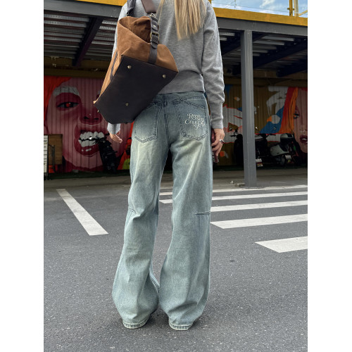 川川也原創美式水洗微喇叭做舊直筒工裝牛仔褲男女寬鬆刺綉休閒褲