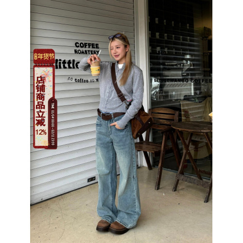 川川也原創美式水洗微喇叭做舊直筒工裝牛仔褲男女寬鬆刺綉休閒褲