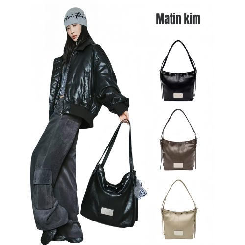 韓國Matin kim托特包油蠟皮腋下包鉚釘單肩手提包百搭機車水桶包 韓國Matin kim托特包油蠟皮腋下包鉚釘單肩手提包百搭機車水桶包