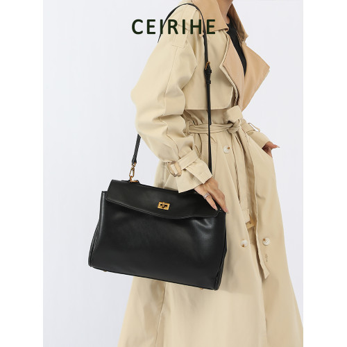 CEIRIHE頭層牛皮手提包大容量托特包真皮鎖釦通勤單肩斜背凱莉包 CEIRIHE頭層牛皮手提包大容量托特包真皮鎖釦通勤單肩斜背凱莉包