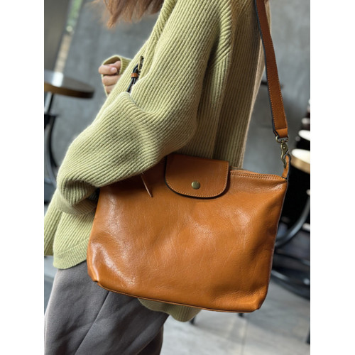 2024復古植鞣牛皮包包女包真皮單肩斜後後背包簡約休閒款大容量餃子包