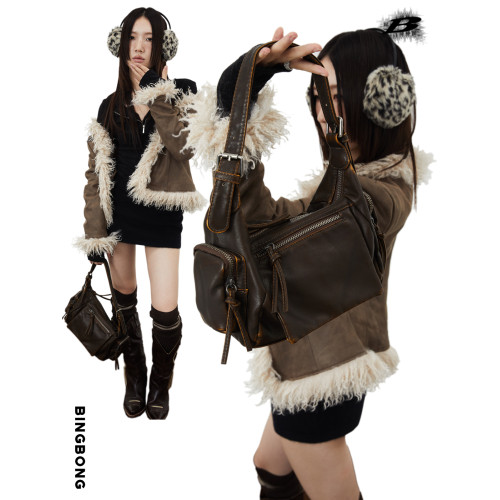 BINGBONG|阿甘小方包 帥氣機能斜後後背包軟皮休閒機車辣妹做舊腋下包