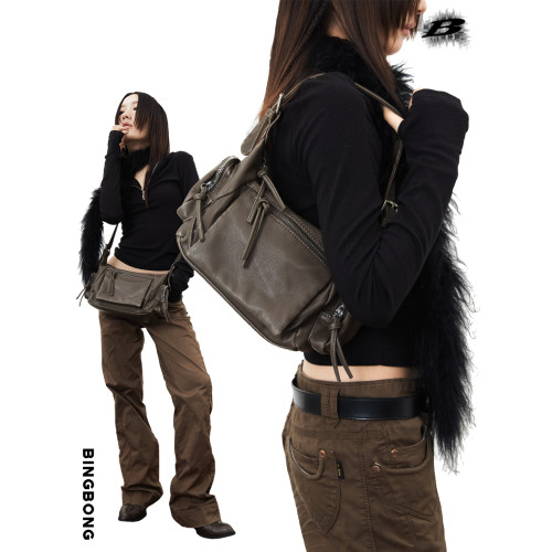 BINGBONG|阿甘小方包 帥氣機能斜後後背包軟皮休閒機車辣妹做舊腋下包